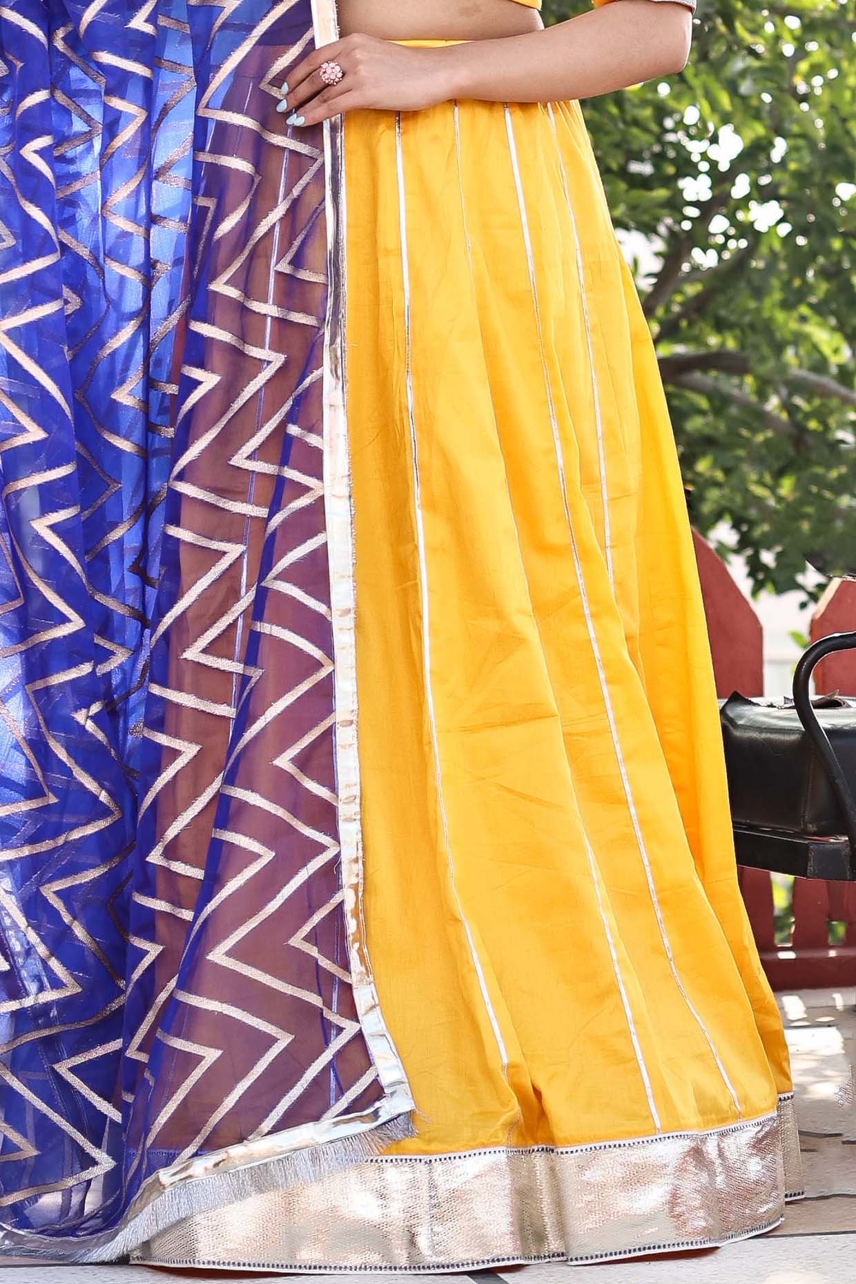 Yellow Cotton Silk Gota Work Kalidar Flared Lehenga Set - Image 4