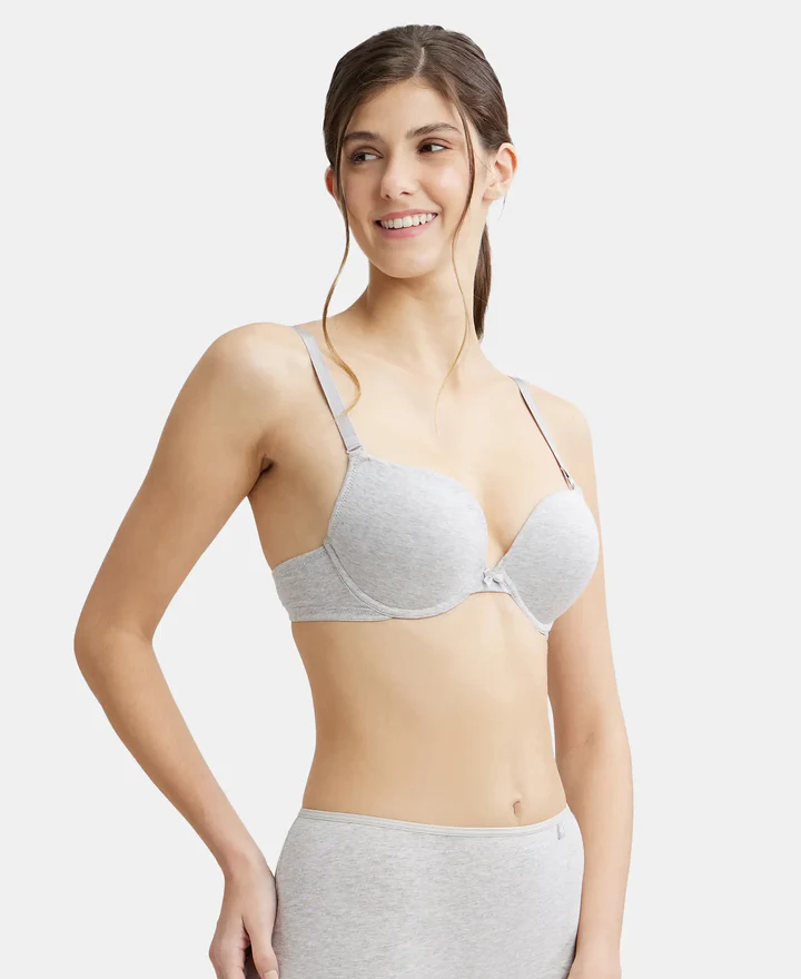 Steel Grey Mélange Padded Wired Super Combed Cotton Elastane Stretch Medium Coverage Pushup Bra with Plunge Neck - Image 3