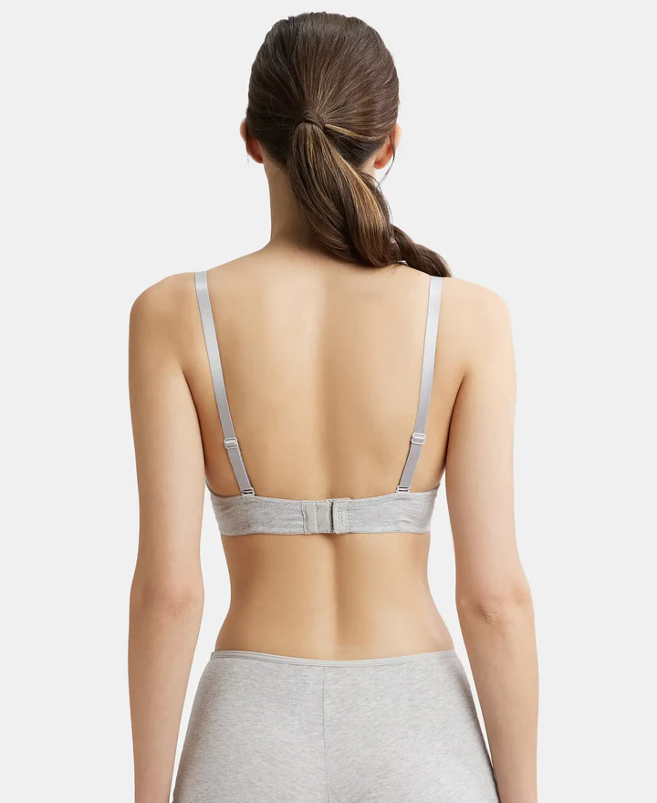 Steel Grey Mélange Padded Wired Super Combed Cotton Elastane Stretch Medium Coverage Pushup Bra with Plunge Neck - Image 4
