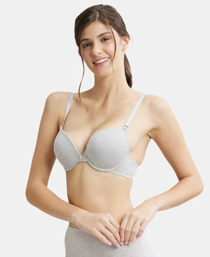 Steel Grey Mélange Padded Wired Super Combed Cotton Elastane Stretch Medium Coverage Pushup Bra with Plunge Neck - Image 6