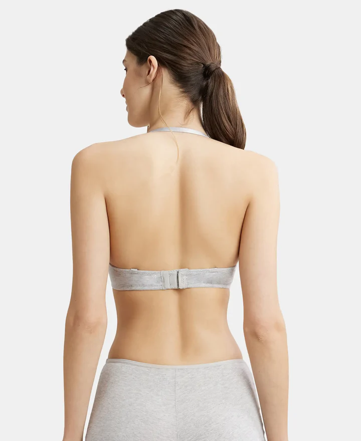 Steel Grey Mélange Padded Wired Super Combed Cotton Elastane Stretch Medium Coverage Pushup Bra with Plunge Neck - Image 9
