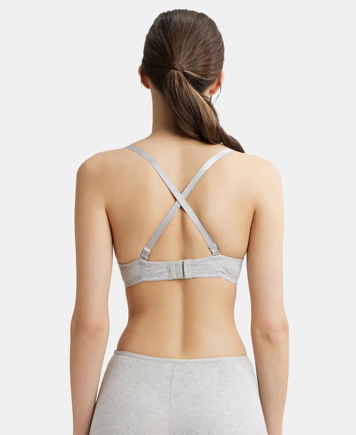 Steel Grey Mélange Padded Wired Super Combed Cotton Elastane Stretch Medium Coverage Pushup Bra with Plunge Neck - Image 10