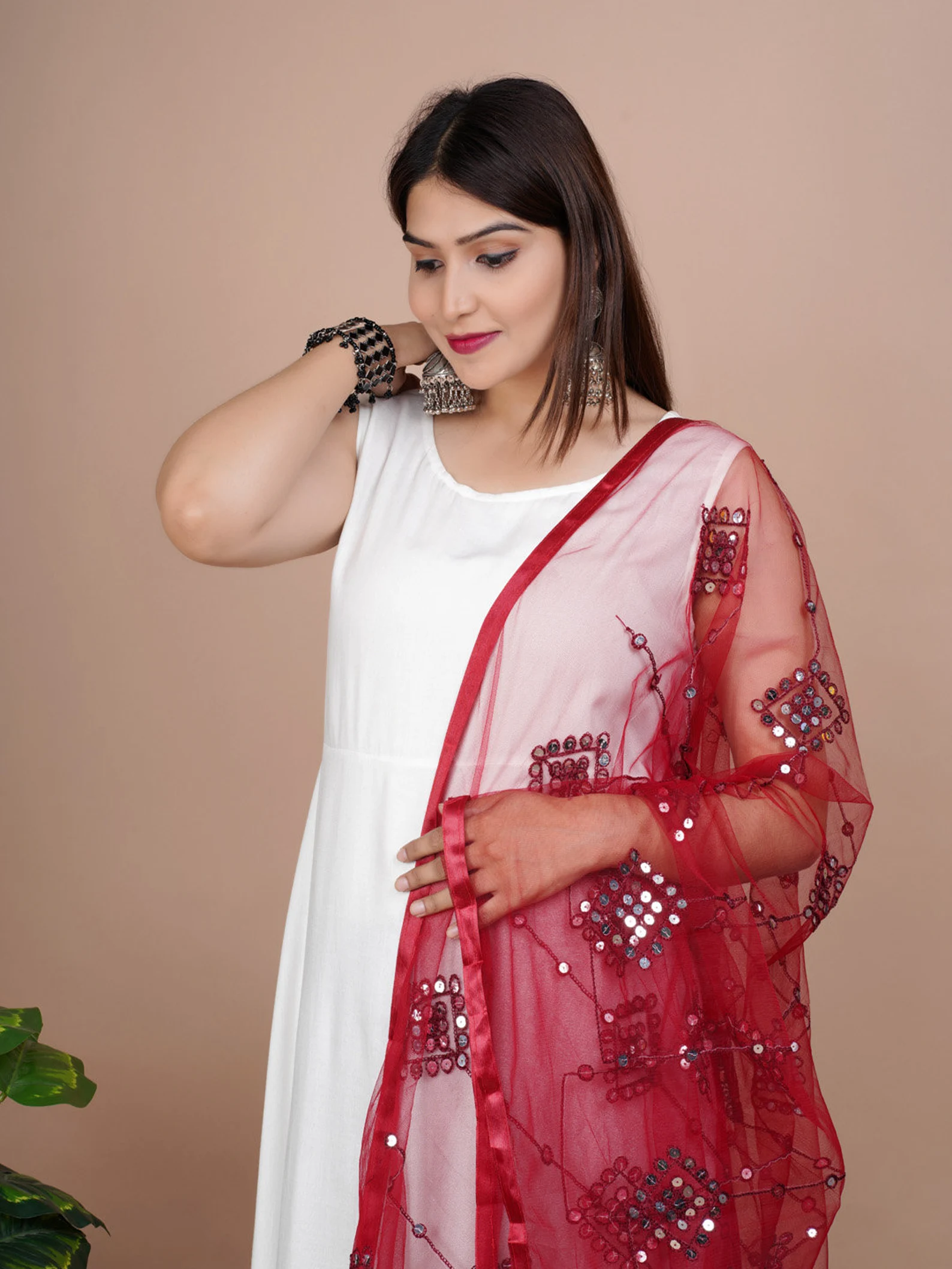 Indian Bollywood Solid Designer Net Sequence Dupatta, Scarf, Shawl, Chunni Latest Wedding Women Dupatta with Matching Lace, Gift for Her - Image 4