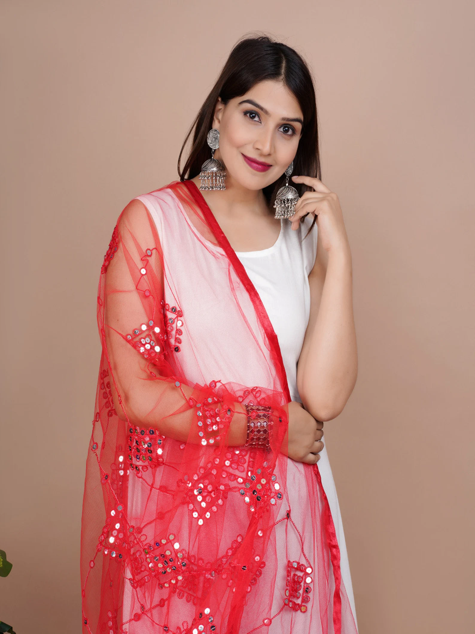 Indian Bollywood Solid Designer Net Sequence Dupatta, Scarf, Shawl, Chunni Latest Wedding Women Dupatta with Matching Lace, Gift for Her - Image 7