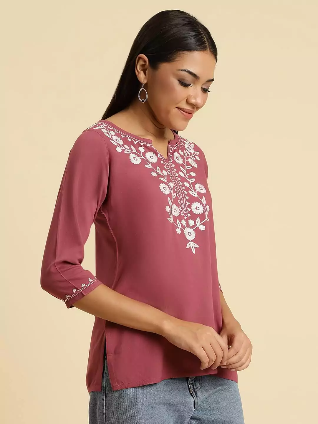 Wild Orchid Pink Kashmiri Silk Work Short Kurti - Image 7