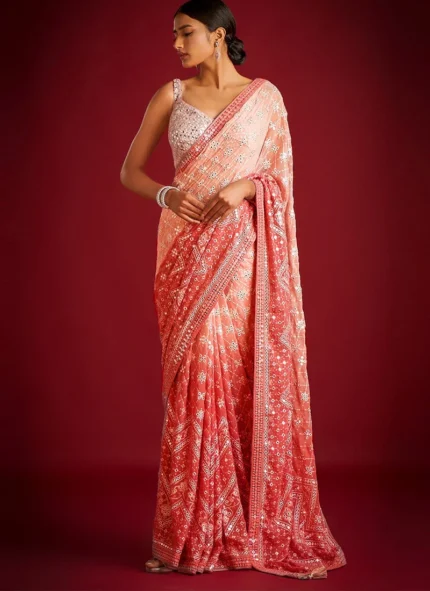 Orange Organza Silk Zari Sequins Hand Embroidered Saree Festive Wear