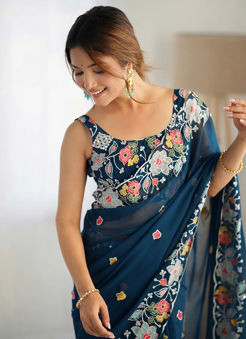 Teal Georgette Embroidered Sequins Saree After Six Wear - Image 2