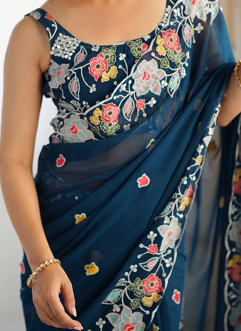 Teal Georgette Embroidered Sequins Saree After Six Wear - Image 3