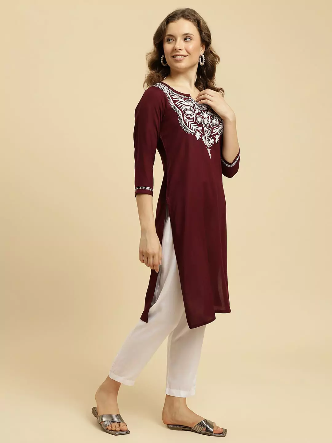 Wine Silk Embroidered Kashmiri Kurti - Image 2