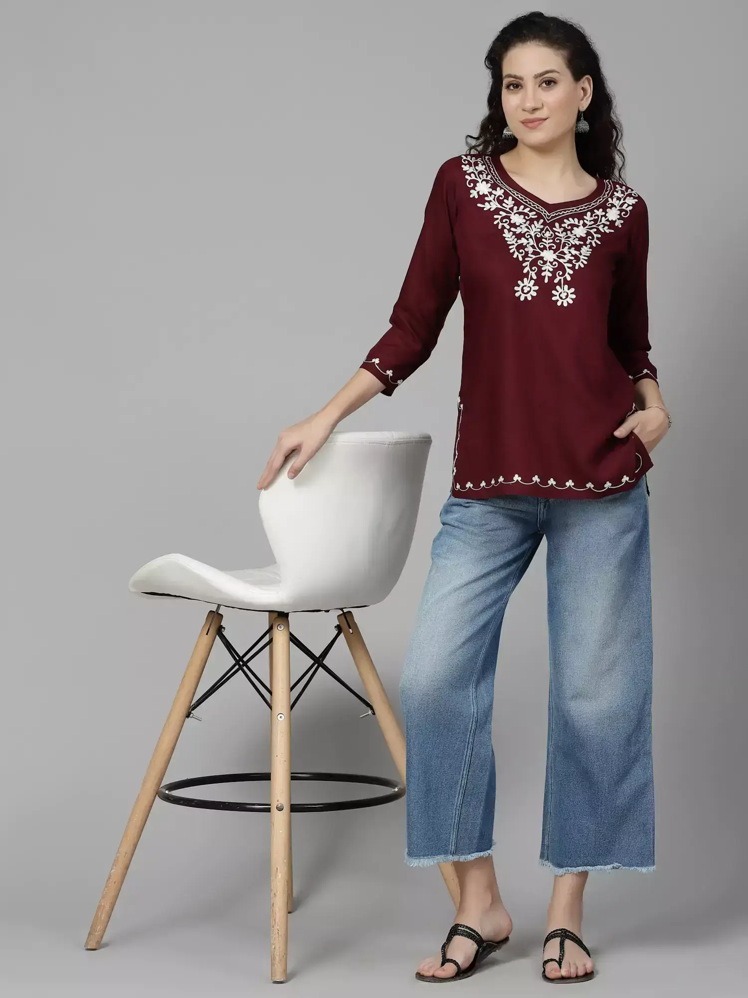 Wine Colored Resham Work Short Kurti - Image 3