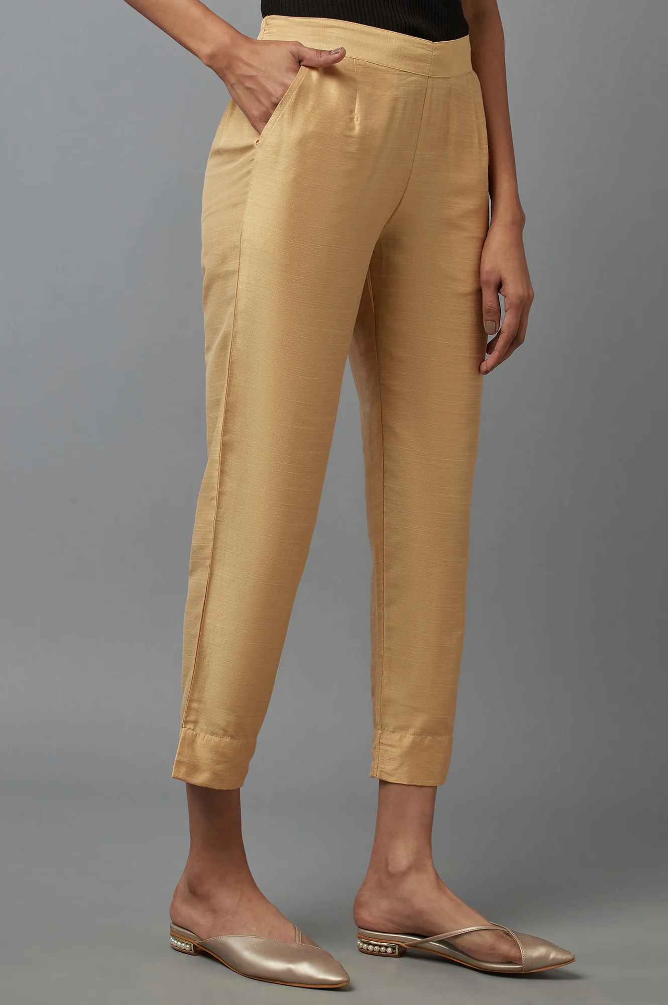Regular Fit Solid Straight Fit Woven Trousers With Elasticated Waistband - Image 4