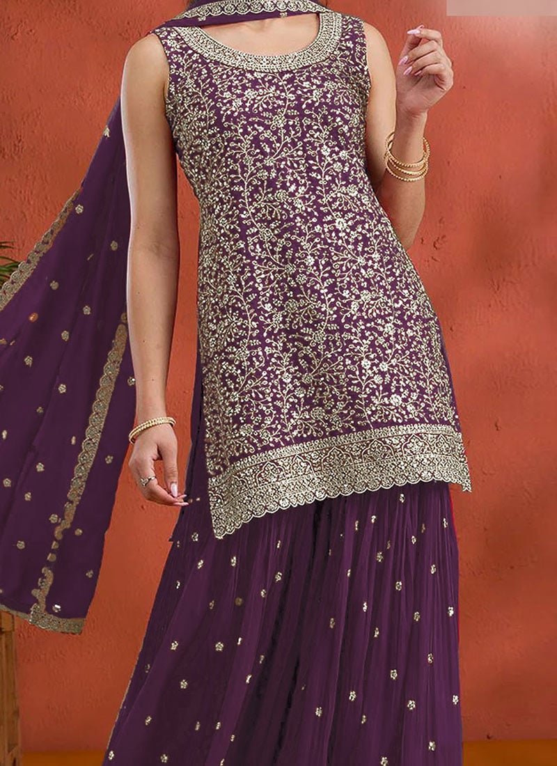 Purple Georgette Embroidered Sequin Palazzo Set Festive Wear - Image 2