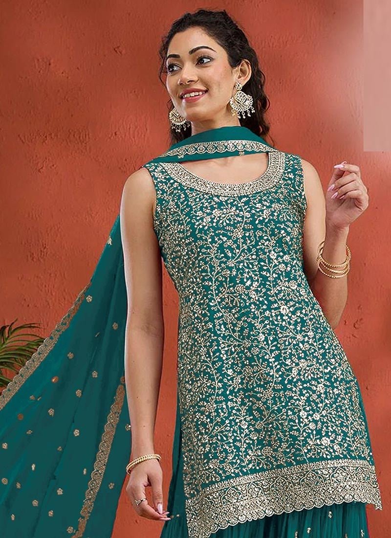 Red Georgette Embroidered Sequin Palazzo Set Festive Wear - Image 11