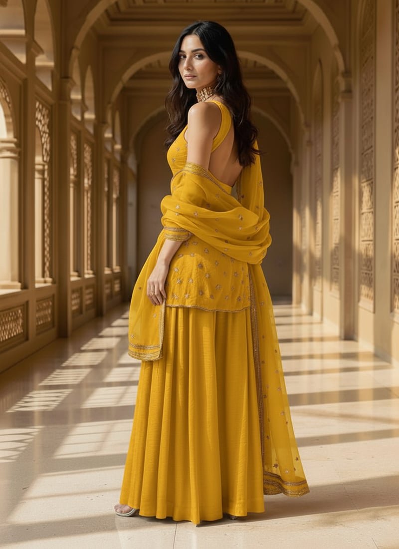Yellow Organza Sequins Moti Hand Embroidered Palazzo Suit Festive Wear